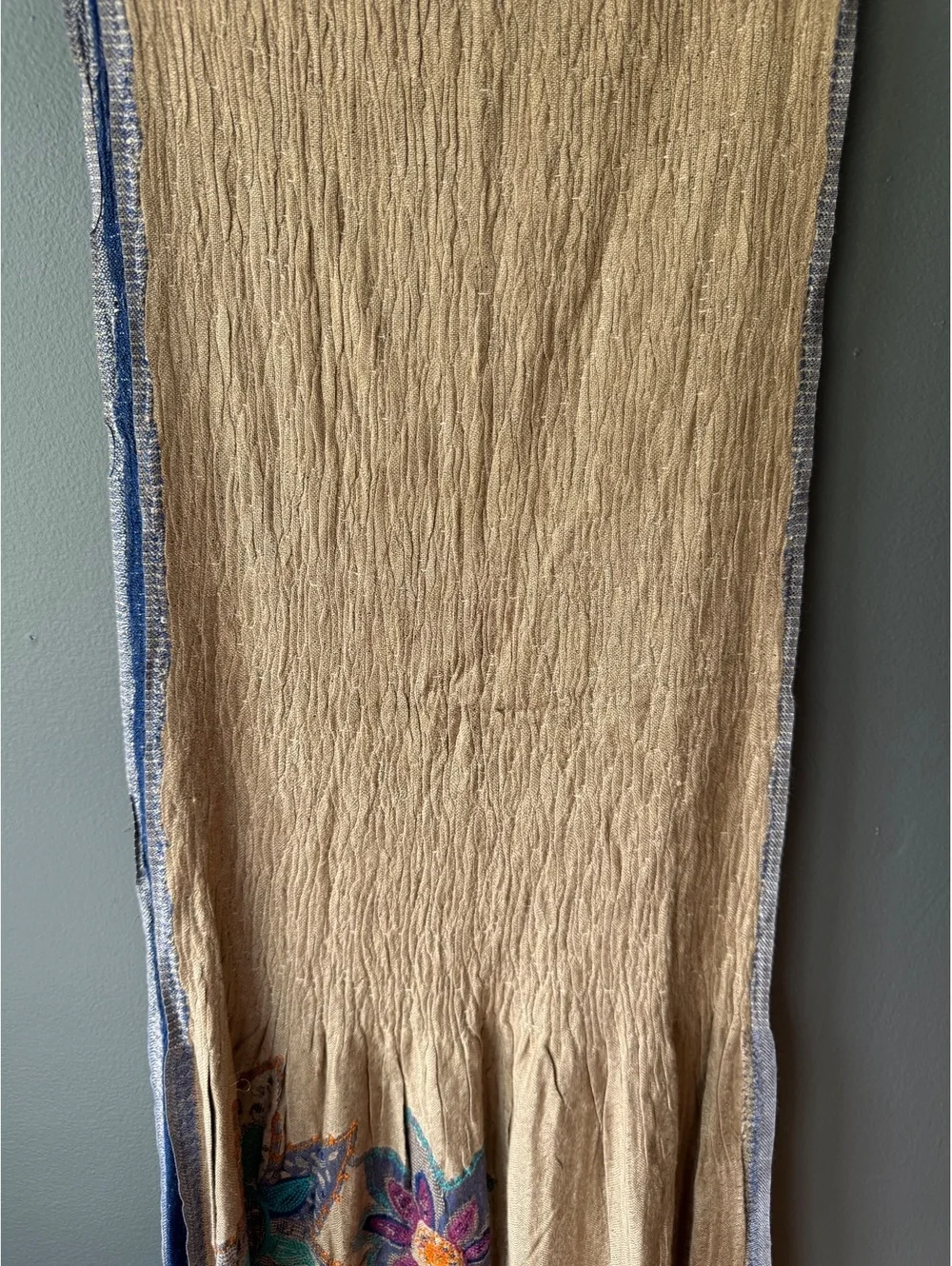 Bohemian Style Two-Tone Scarf/shawl with Floral Embroidery and Fringe
